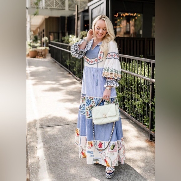 NWT FARM RIO Pineapple Beach Embroidered Maxi Dress Cotton Blue White Medium - Picture 1 of 13